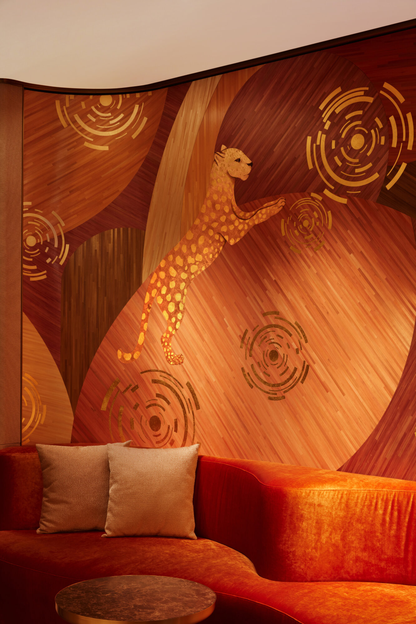 Straw marquetry wall decor in Cartier's Geneva boutique
