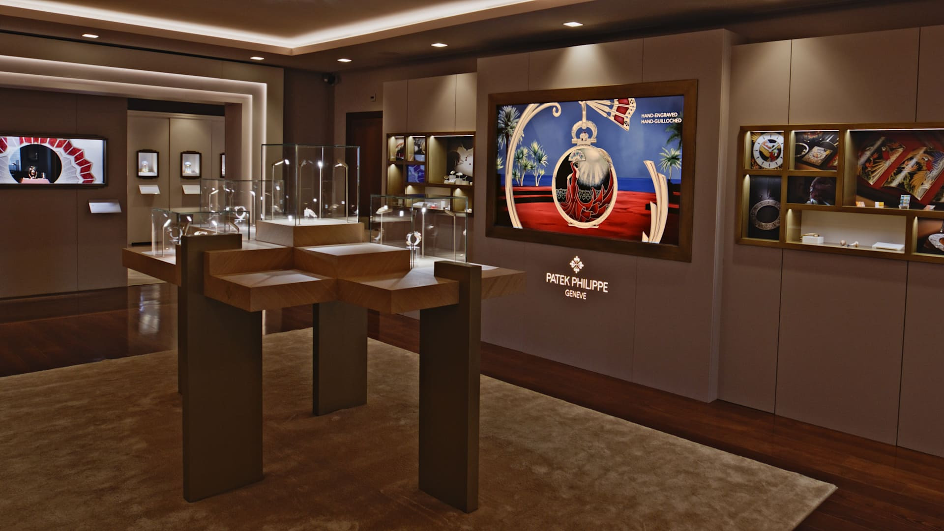 Display cases at Patek Philippe's Rare Handcrafts 2026 exhibition