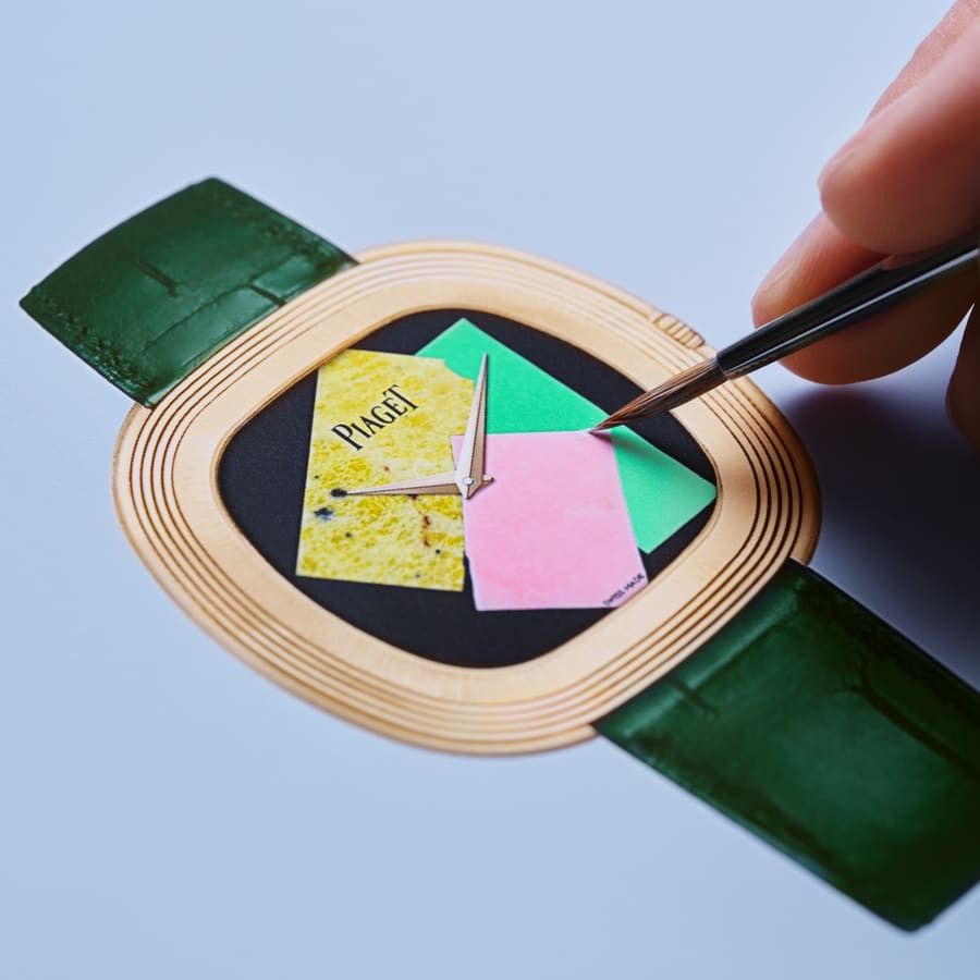 A stone element being set on the dial of the Piaget Andy Warhol Collage